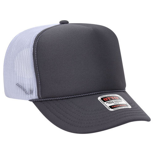 Charcoal Gray and White high-crown mesh trucker hat on a solid white background.