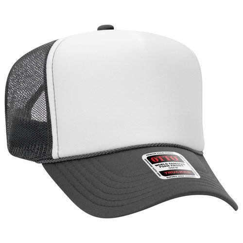 Charcoal Gray and White high-crown mesh trucker hat on a solid white background.