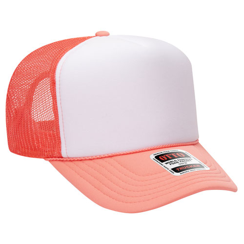 Coral and White high-crown mesh trucker hat on a solid white background.