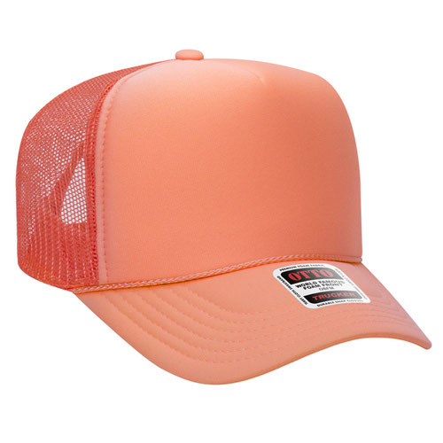 Coral high-crown mesh trucker hat on a solid white background.