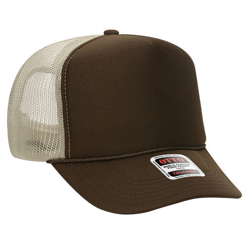 Dark Brown and Khaki high-crown mesh trucker hat on a solid white background.