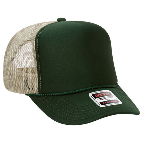 Dark Green and Khaki high-crown mesh trucker hat on a solid white background.