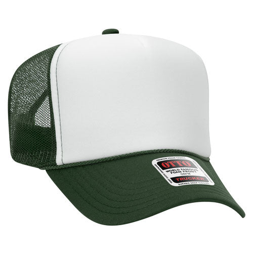 Dark Green and White high-crown mesh trucker hat on a solid white background.
