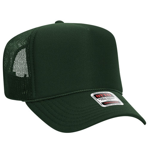 Dark Green high-crown mesh trucker hat on a solid white background.