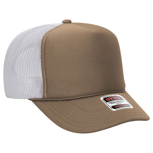 Dark Khaki and White high-crown mesh trucker hat on a solid white background.
