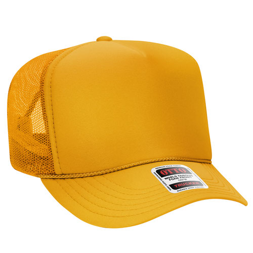 Gold high-crown mesh trucker hat on a solid white background.