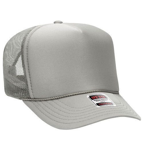 Gray high-crown mesh trucker hat on a solid white background.