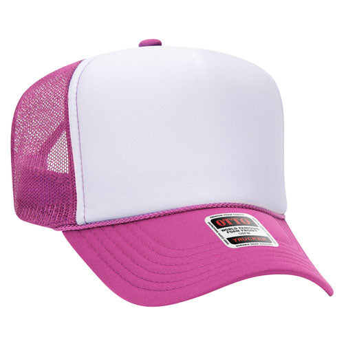 Hot Pink and White high-crown mesh trucker hat on a solid white background.