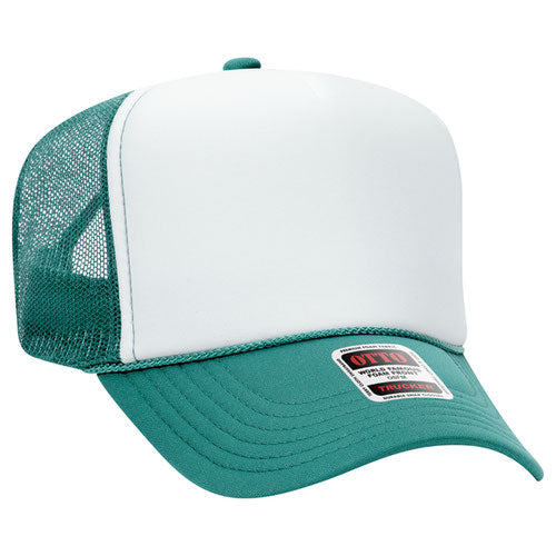 Jade and White high-crown mesh trucker hat on a solid white background.