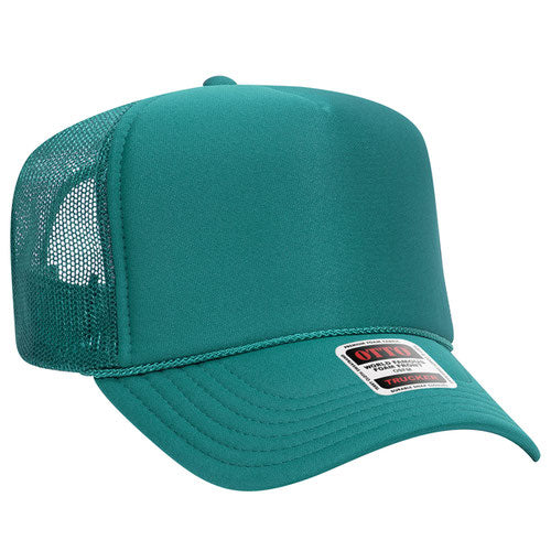 Jade high-crown mesh trucker hat on a solid white background.
