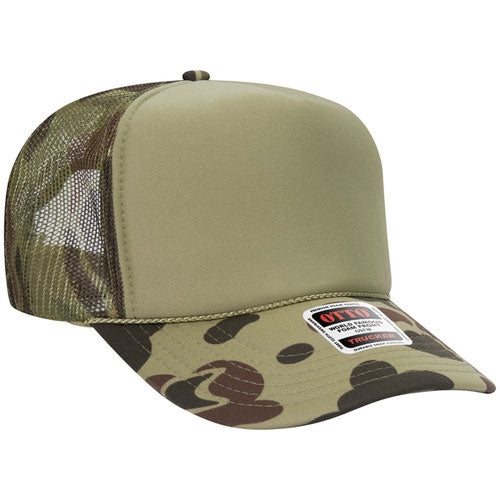 Kelly Green and Light Loden high-crown mesh trucker hat on a solid white background.