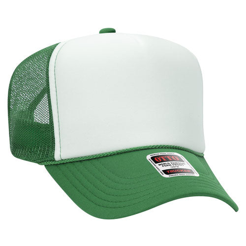 Kelly Green and White high-crown mesh trucker hat on a solid white background.