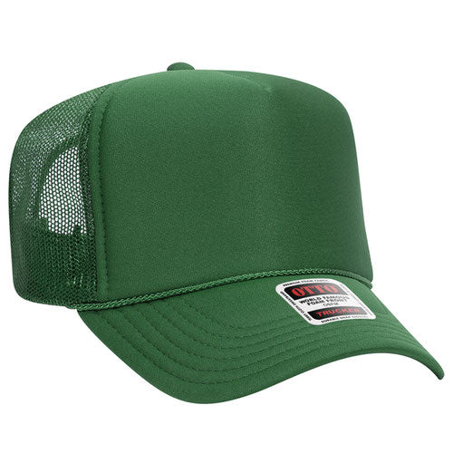 Kelly Green high-crown mesh trucker hat on a solid white background.