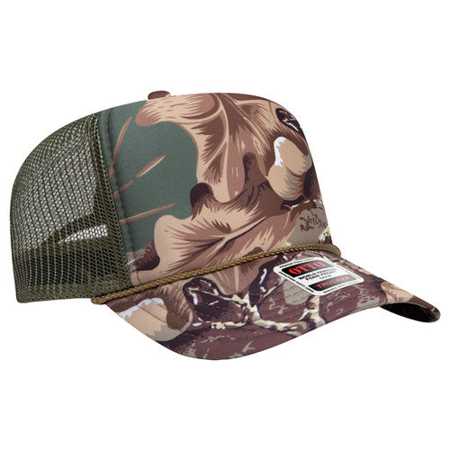 Khaki, Brown, Light Olive Green, and Olive Green high-crown mesh trucker hat on a solid white background.