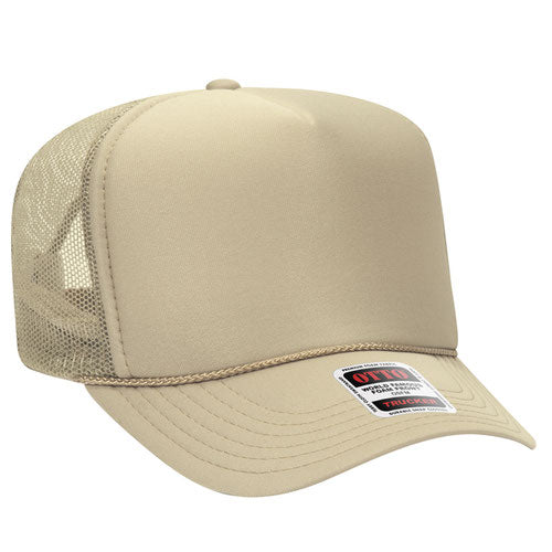 Khaki high-crown mesh trucker hat on a solid white background.