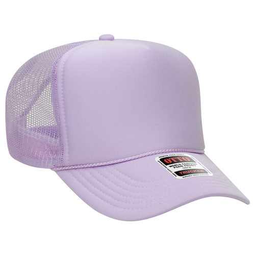 Lavender high-crown mesh trucker hat on a solid white background.
