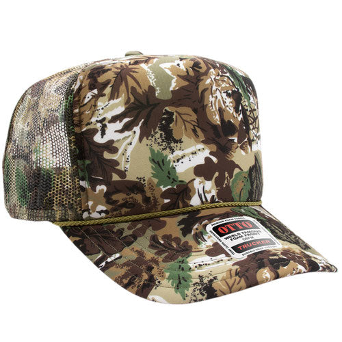Light Loden, Brown, and Kelly Green high-crown mesh trucker hat on a solid white background.