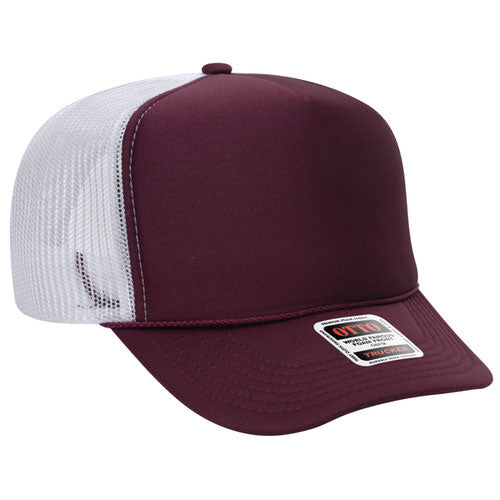 Maroon and White high-crown mesh trucker hat on a solid white background.