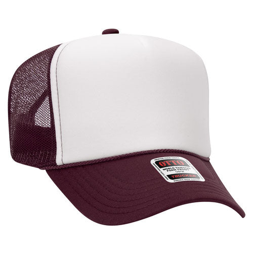Maroon and White high-crown mesh trucker hat on a solid white background.