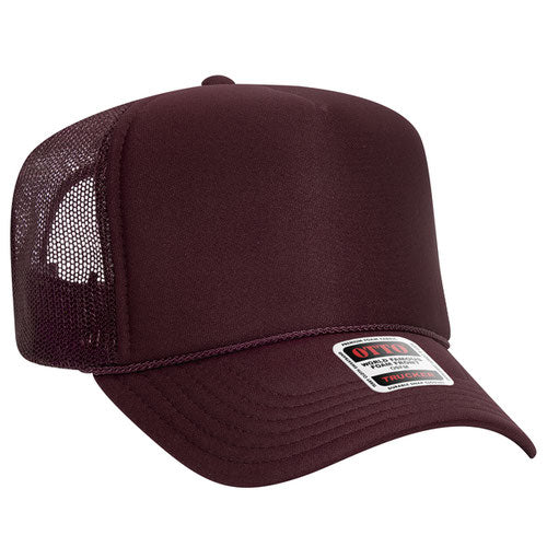 Maroon high-crown mesh trucker hat on a solid white background.