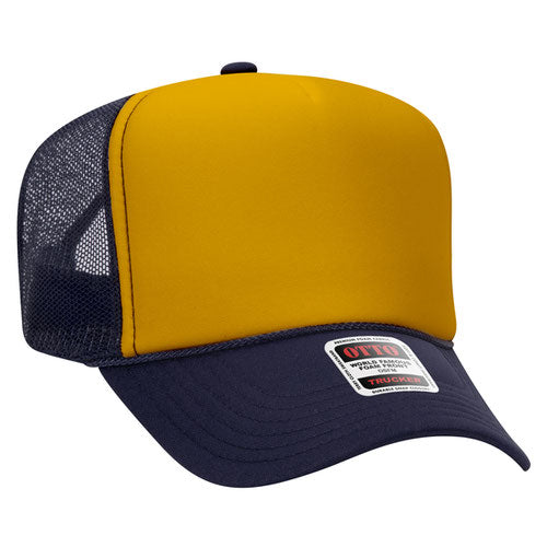 Navy and Gold high-crown mesh trucker hat on a solid white background.