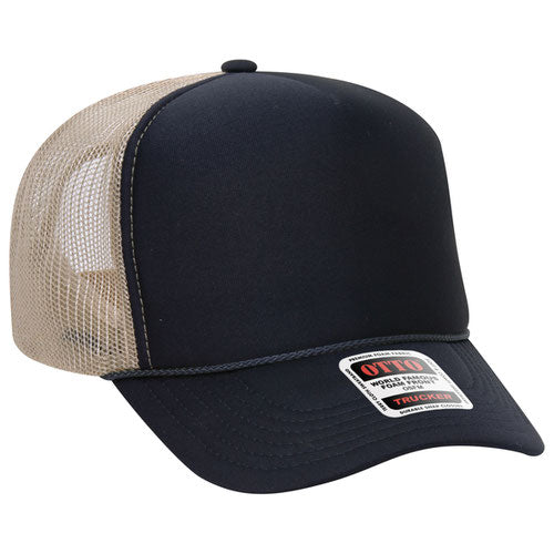 Navy and Khaki high-crown mesh trucker hat on a solid white background.