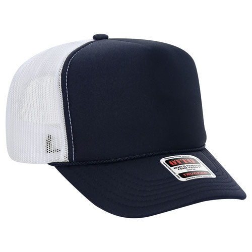 Navy and White high-crown mesh trucker hat on a solid white background.