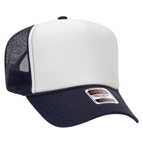 Navy and White high-crown mesh trucker hat on a solid white background.