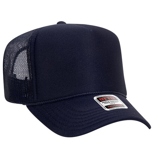 Navy high-crown mesh trucker hat on a solid white background.