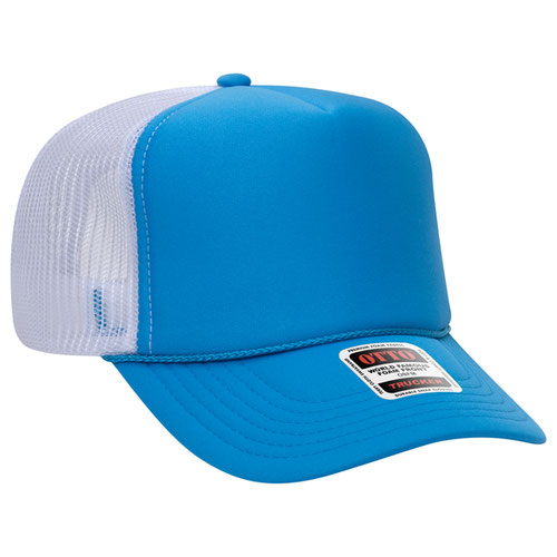 Neon Blue and White high-crown mesh trucker hat on a solid white background.