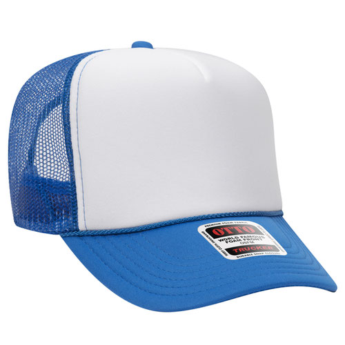 Neon Blue and White high-crown mesh trucker hat on a solid white background.