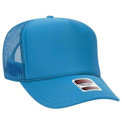 Neon Blue high-crown mesh trucker hat on a solid white background.