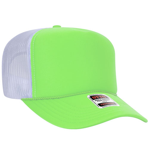 Neon Green and White high-crown mesh trucker hat on a solid white background.