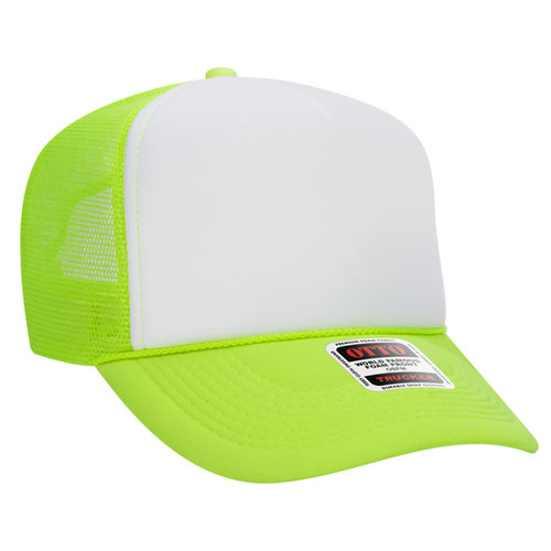 Neon Green and White high-crown mesh trucker hat on a solid white background.