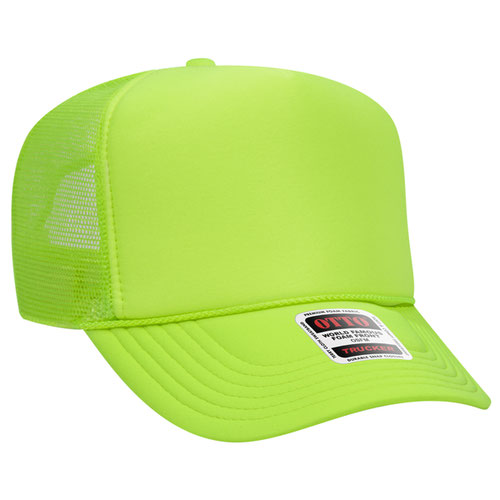 Neon Green high-crown mesh trucker hat on a solid white background.