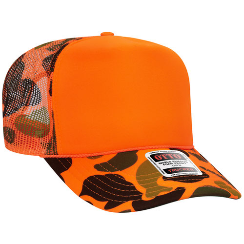 Neon Orange Camo high-crown mesh trucker hat on a solid white background.