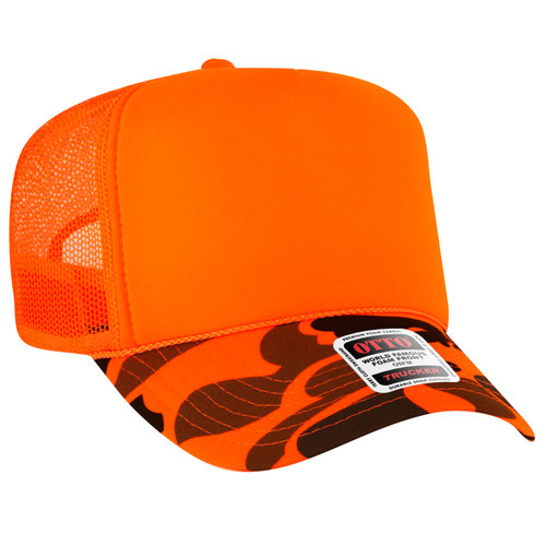 Neon Orange and Camo high-crown mesh trucker hat on a solid white background.