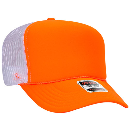 Neon Orange and White high-crown mesh trucker hat on a solid white background.