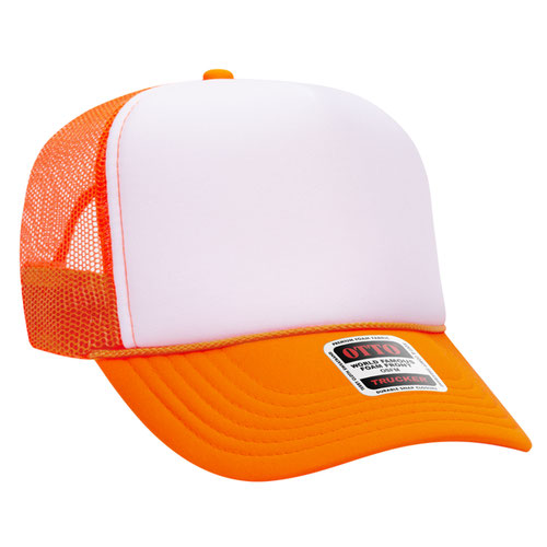 Neon Orange and White high-crown mesh trucker hat on a solid white background.