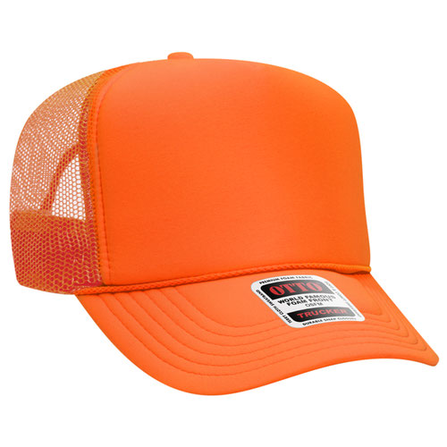 Neon Orange high-crown mesh trucker hat on a solid white background.