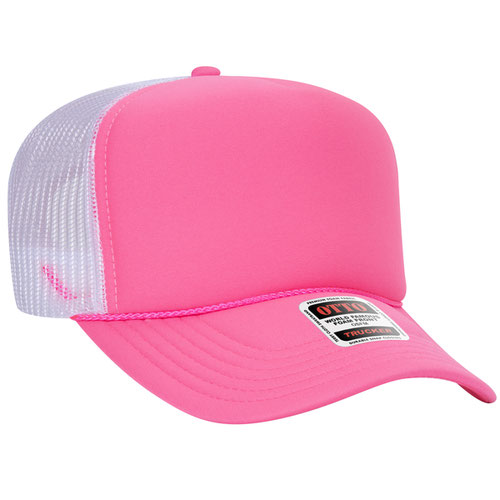Neon Pink and White high-crown mesh trucker hat on a solid white background.