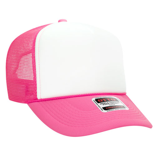 Neon Pink and White high-crown mesh trucker hat on a solid white background.