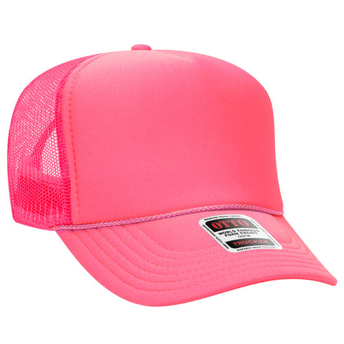 Neon Pink high-crown mesh trucker hat on a solid white background.