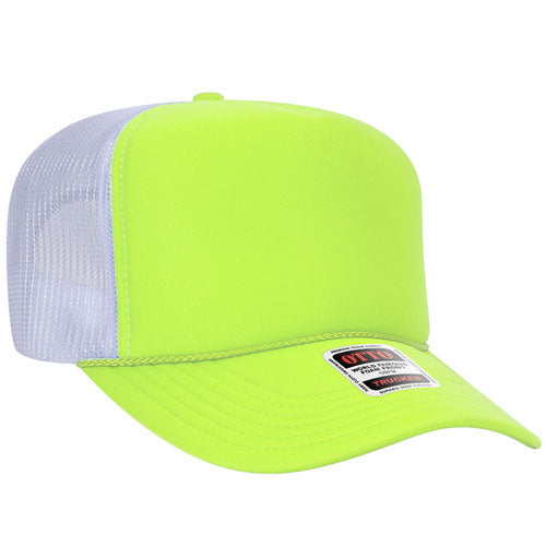 Neon Yellow and White high-crown mesh trucker hat on a solid white background.