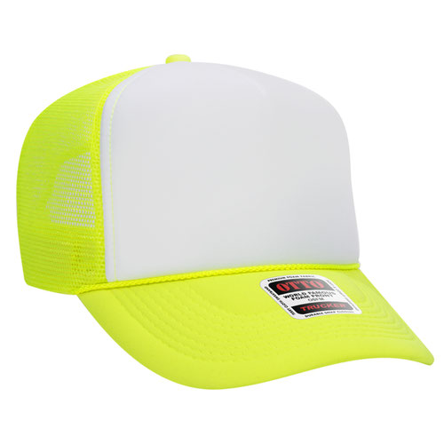 Neon Yellow and White high-crown mesh trucker hat on a solid white background.