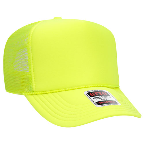 Neon Yellow high-crown mesh trucker hat on a solid white background.
