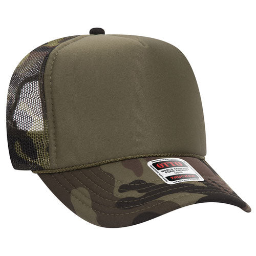 Olive Green and Camo high-crown mesh trucker hat on a solid white background.