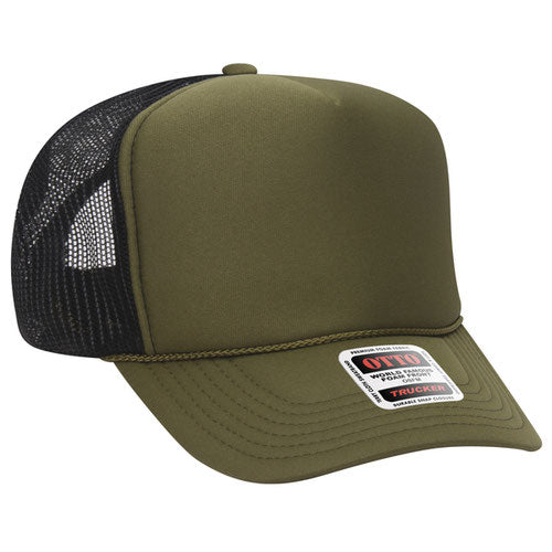 Olive Green and Black high-crown mesh trucker hat on a solid white background.