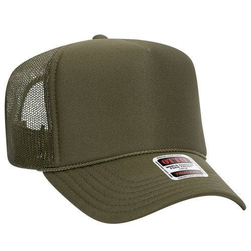Olive Green high-crown mesh trucker hat on a solid white background.