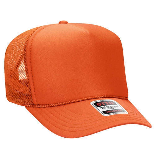 Orange high-crown mesh trucker hat on a solid white background.